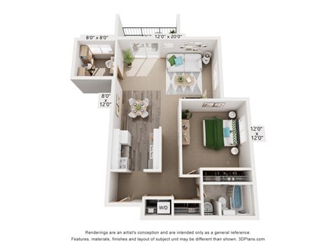Floor plan for 1 bed, 1 bath, 885 sqft